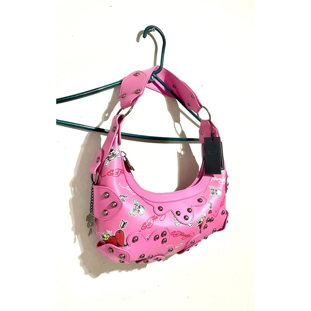 Ed Hardy Pink Hobo Shoulder Bag Studded Heart Rose Skull Cross Charms NEW - Picture 3 of 8